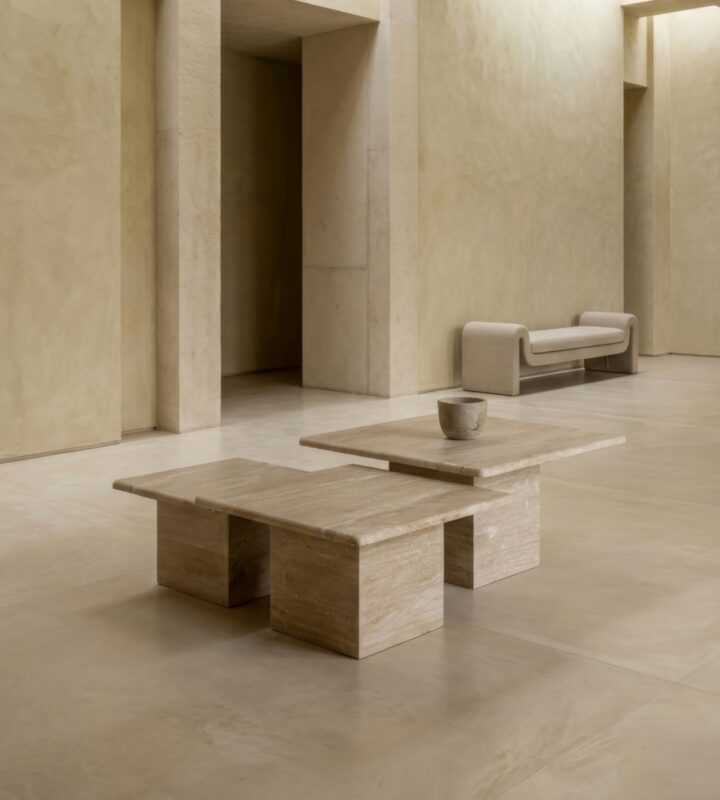 Modern mimari mekân içinde konumlandırılmış, doğal taş dokulu üçlü traverten orta sehpa seti, lüks ve sade iç mekân tasarımı