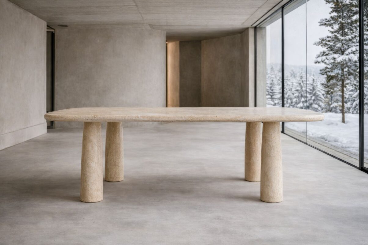 lyon sofistike traverten yemek masası doğal taş uzun form